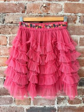 Mini Boden Pink Layered Ruffle Tulle Skirt with Embroidered Waist